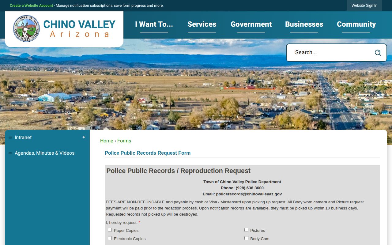 Chino Valley Police Department arrest record request form for Yavapai County