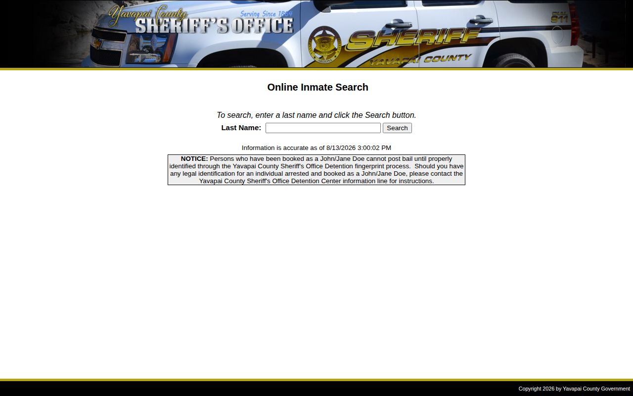 Yavapai County busted mugshot current-custody roster search form