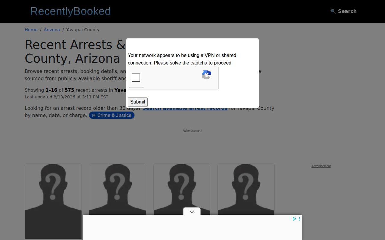 Unofficial Yavapai County recent booking index without official mugshot status